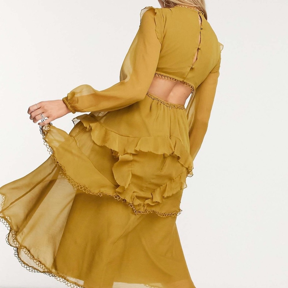🌞 ASOS Mustard Ruffle Cutout Tiered Midi Dress with Lace Trim 🌞 - Picture 2 of 9
